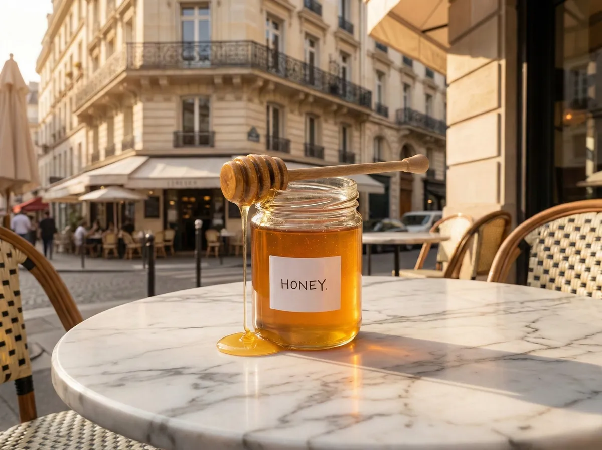 Honey jar with AI-generated rustic kitchen background
