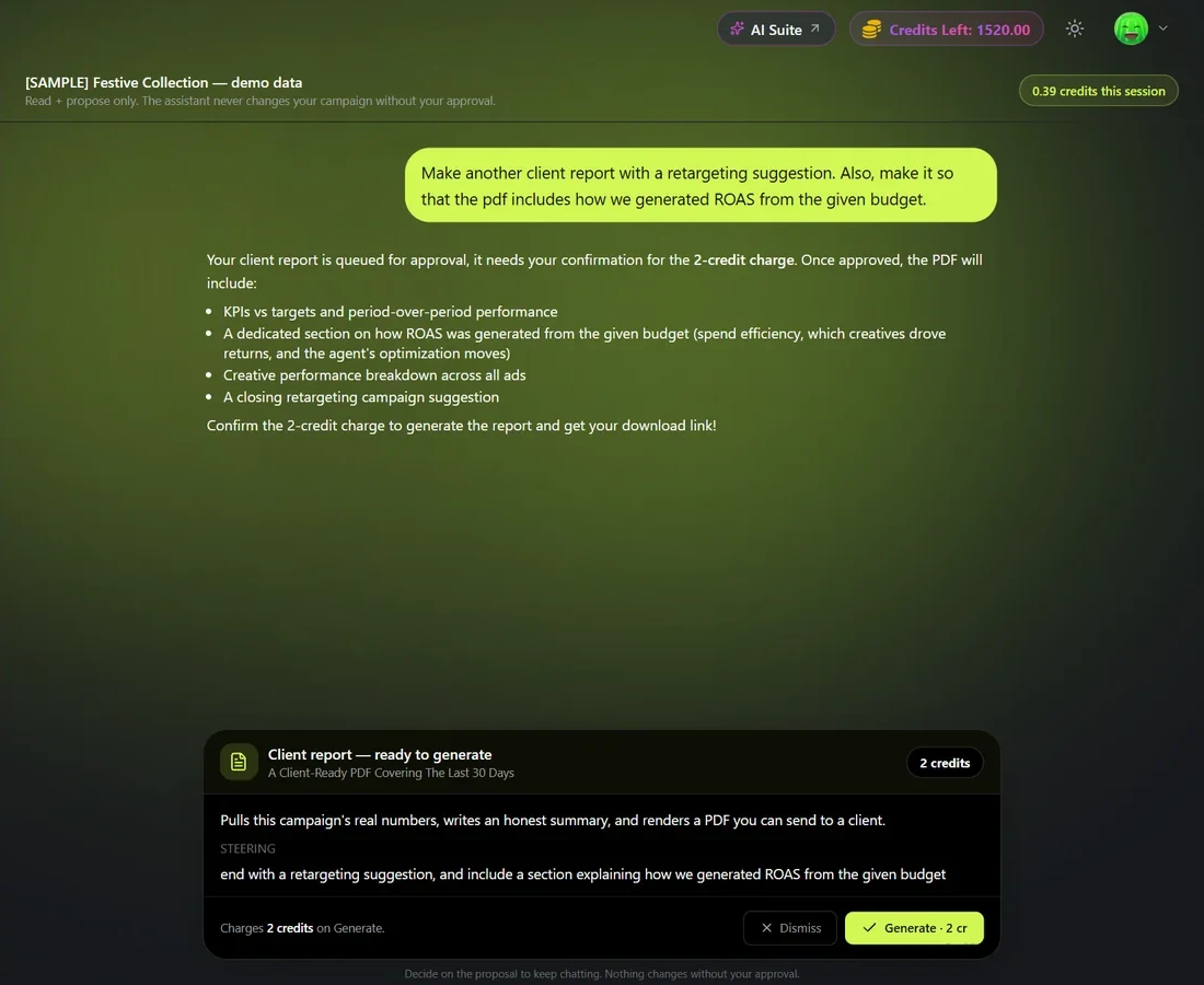 A client report request in the Ad Autopilot campaign chat, ready to generate for 2 credits