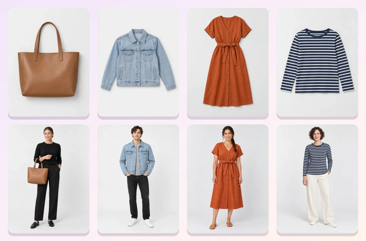 Four product photos (a tote bag, a denim jacket, a rust dress and a striped top) above the on-model shots the AI assistant made from them