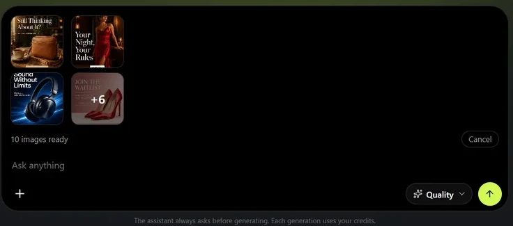 The AI assistant composer with ten images attached and ready to send