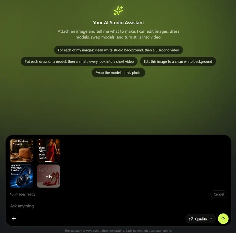 The CamClo AI assistant with ten product images attached and ready for a bulk request