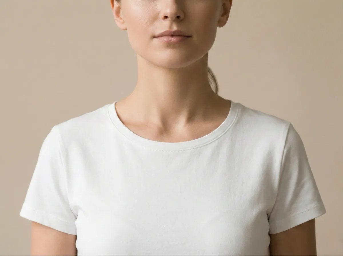 Model wearing plain white t-shirt before AI generative fill