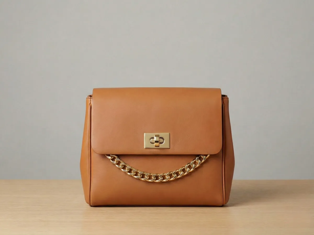 Same leather bag with AI-generated gold clasp and chain detail added