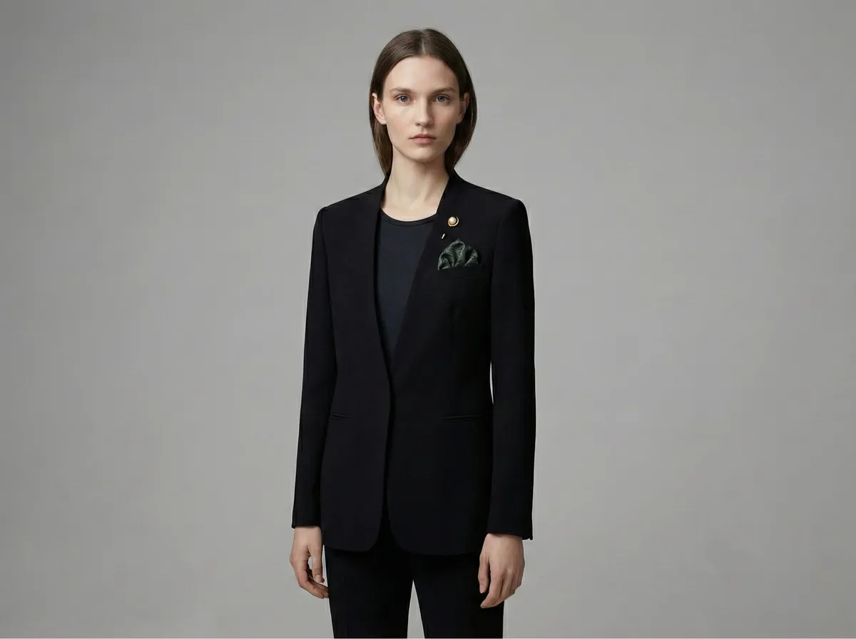 Same blazer with AI-generated pocket square and lapel pin added via generative fill