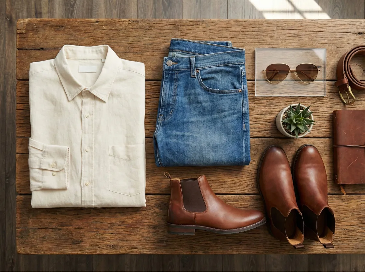 Same flat lay with AI-generated sunglasses and belt filling the empty area