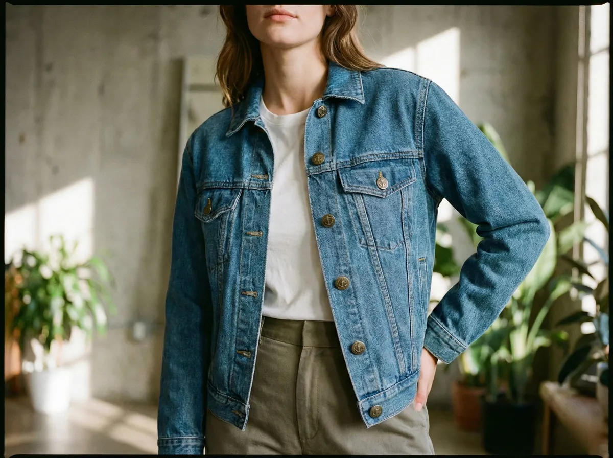 Same denim jacket with AI-replaced antique brass buttons via generative fill