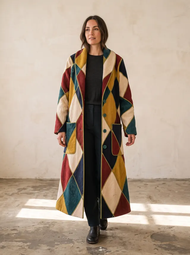 Halden & Rue patchwork duster coat on a model