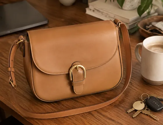 Phone photo of a leather bag on a desk
