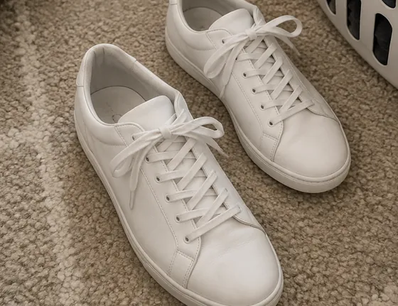 Phone photo of white sneakers on a rug