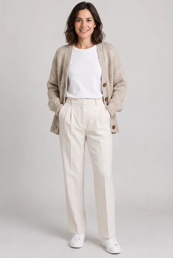 The model wearing the cardigan and trousers