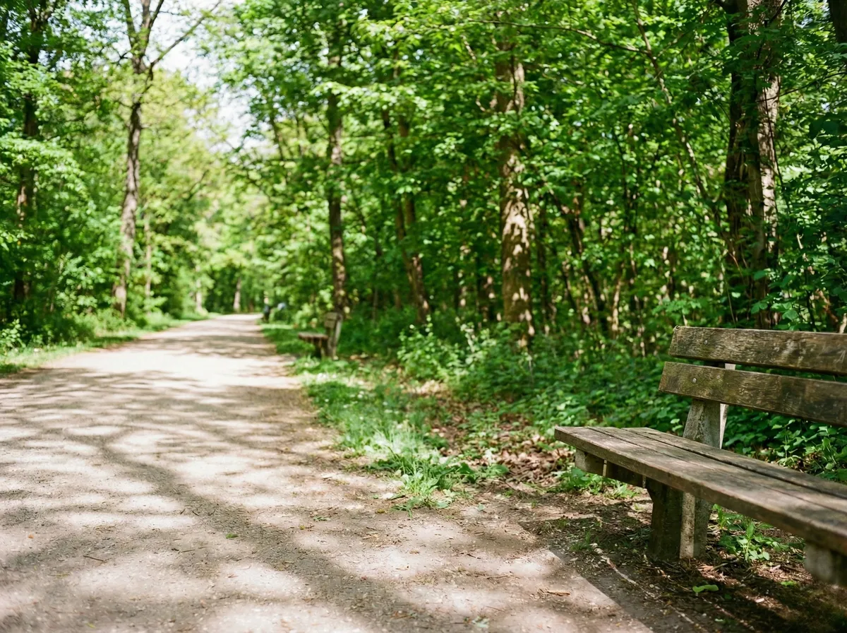 Same park path with trash can, bicycle and garbage removed using AI Magic Eraser — clean bench and natural scenery