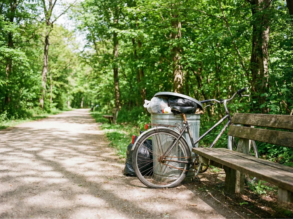 Park path with trash can, bicycle and garbage bags cluttering a bench area