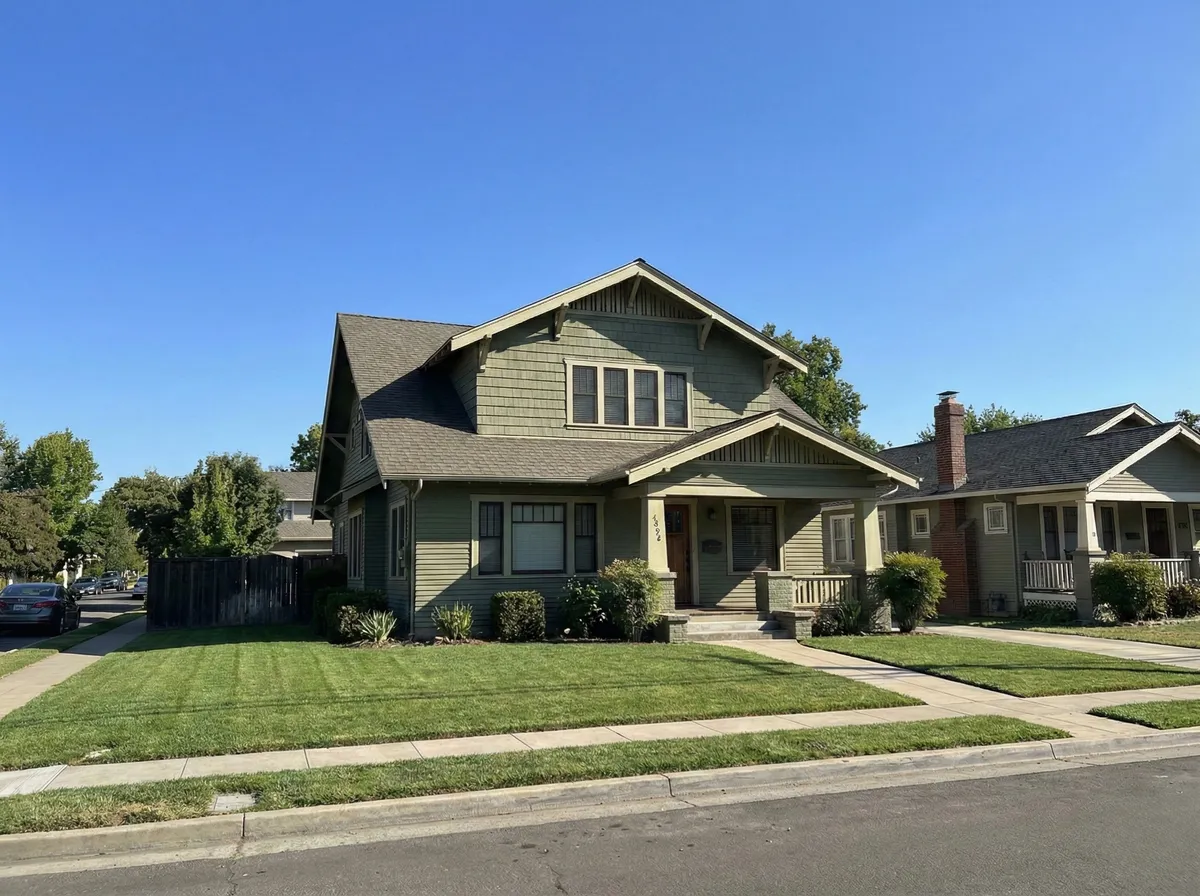 Same house with power lines, street sign, and trash bin removed — clean sky and curb