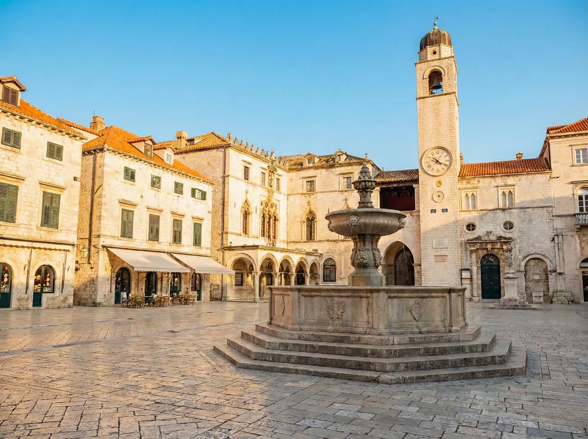 Same Dubrovnik plaza with all tourists removed — empty cobblestone square with fountain fully visible