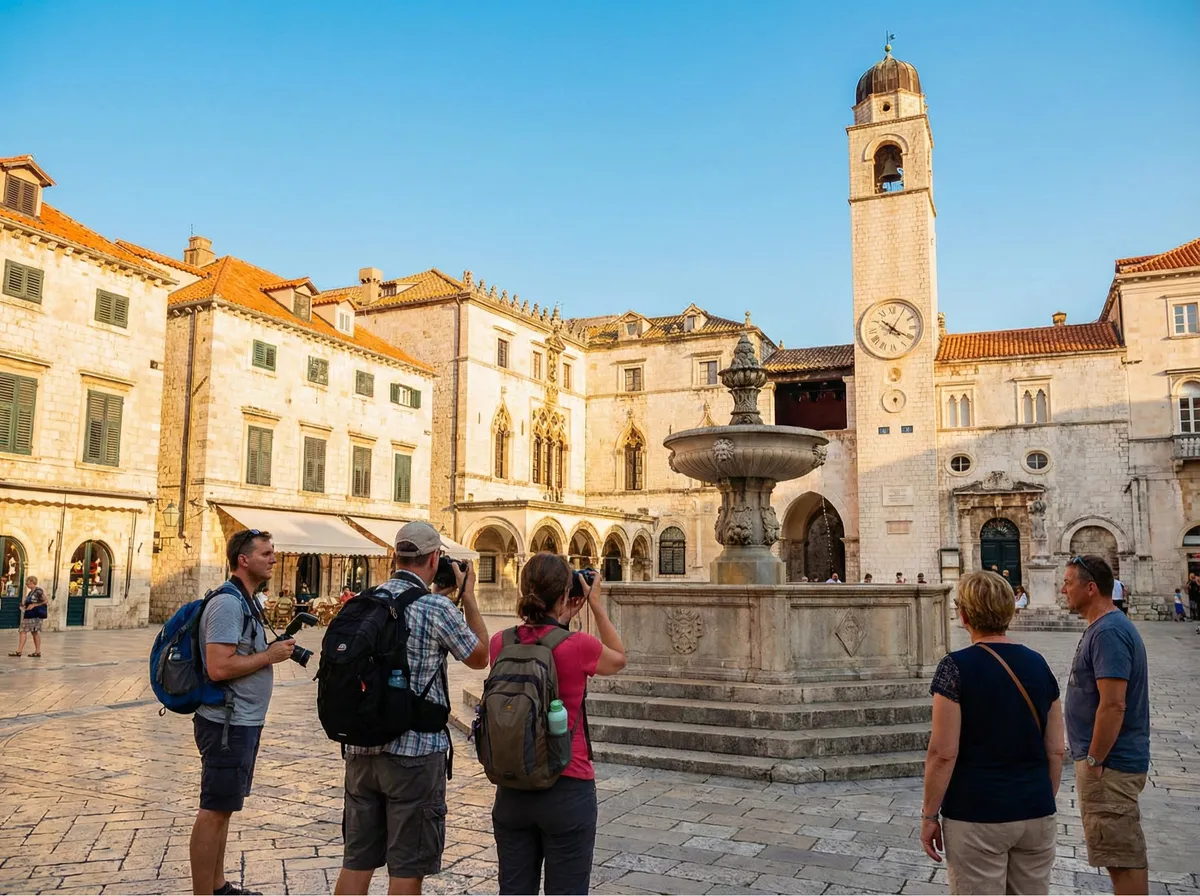Dubrovnik old town plaza with tourists blocking the fountain and clock tower view