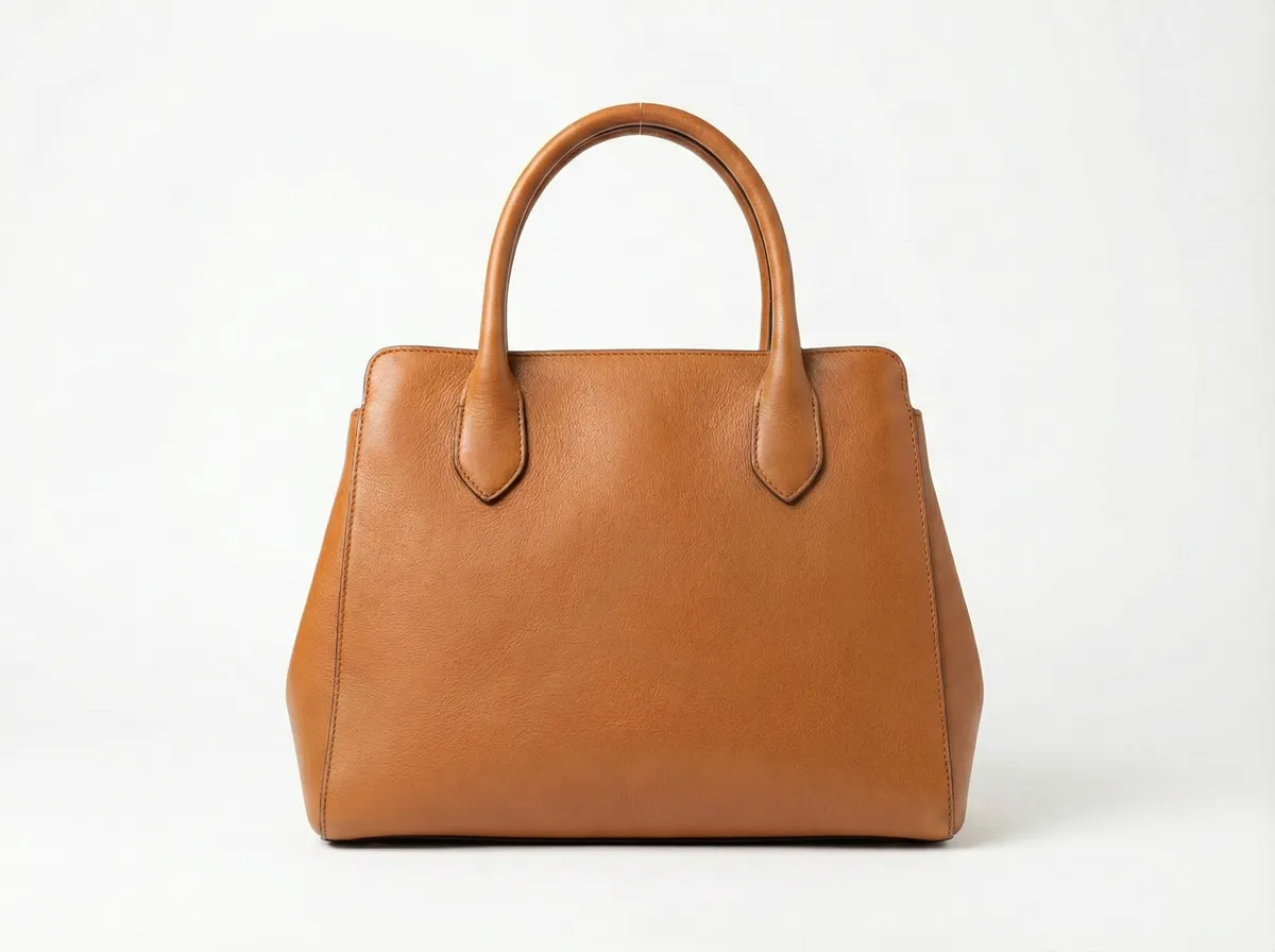 Same leather handbag with price tag, barcode, and scratches removed — flawless product photo
