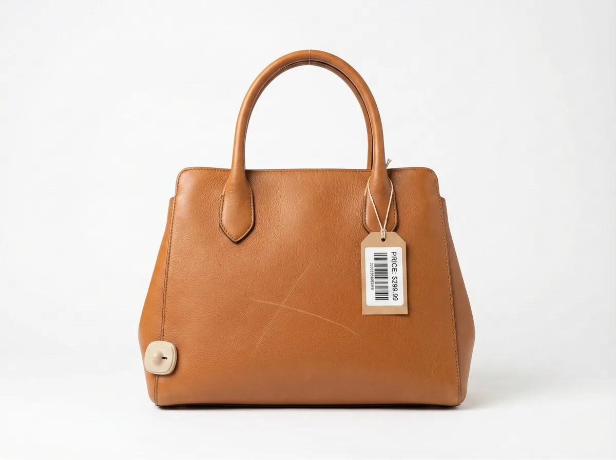 Brown leather handbag product photo with price tag, barcode label, and visible scratch marks