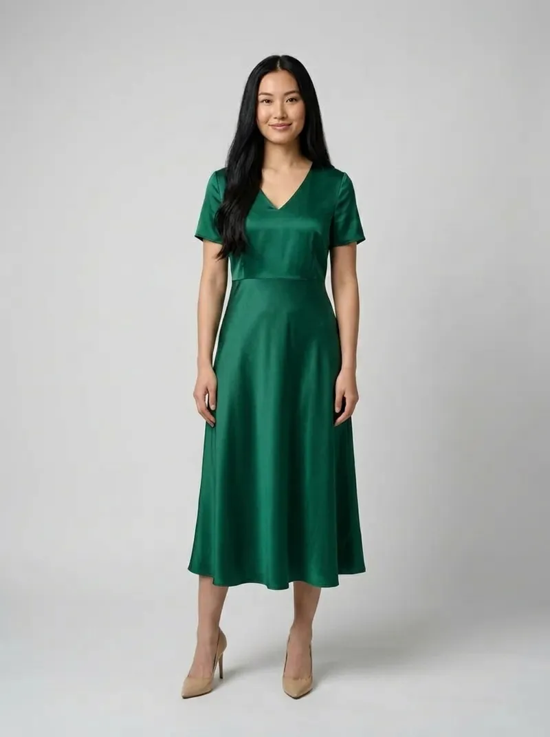 AI model swap result: Asian model, long black hair wearing the same green dress