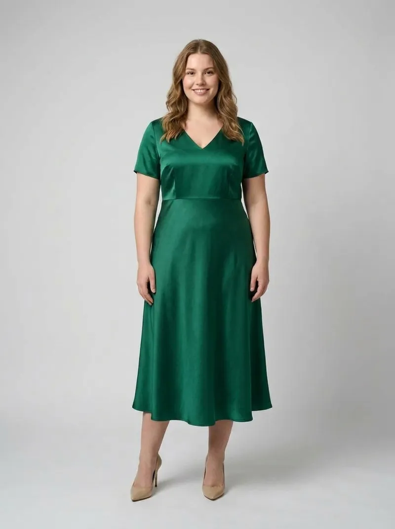 A plus-size model wearing a green satin midi dress in a studio