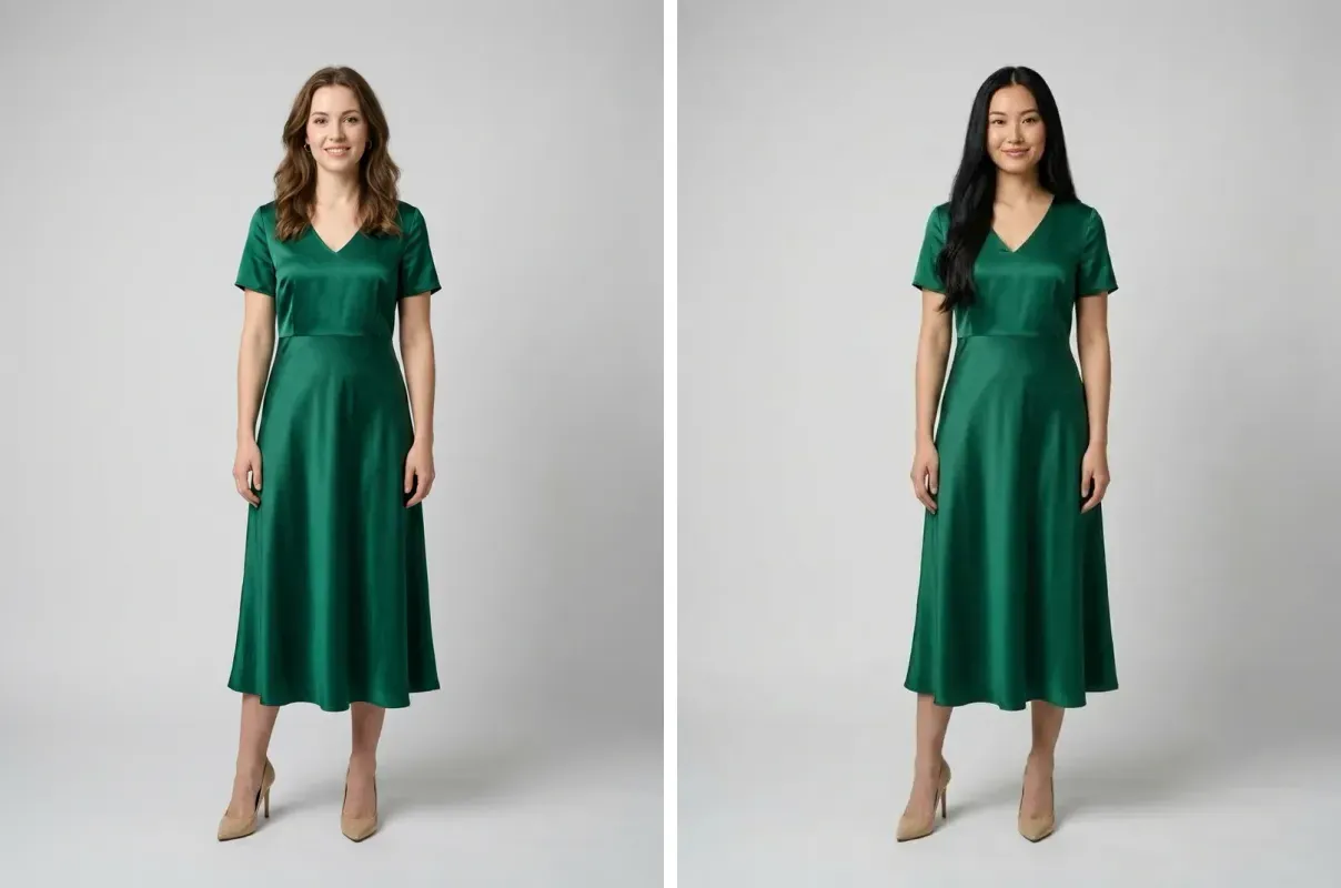 AI model swap example: identical garment and background, different model