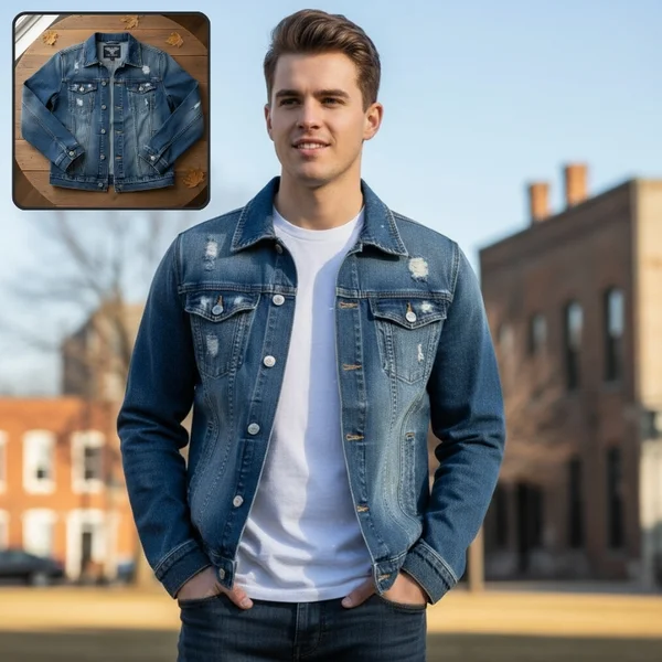 A denim jacket product photo shown as an inset beside the AI on-model photo of a man wearing it