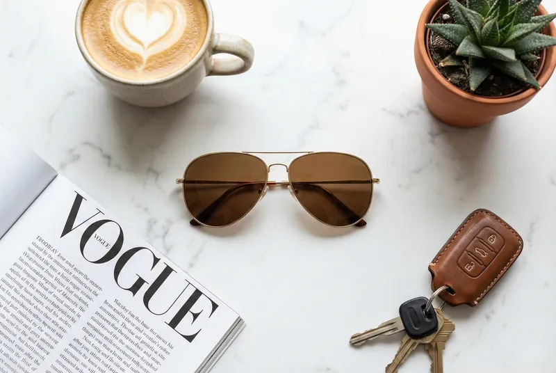 Sunglasses on cluttered surface