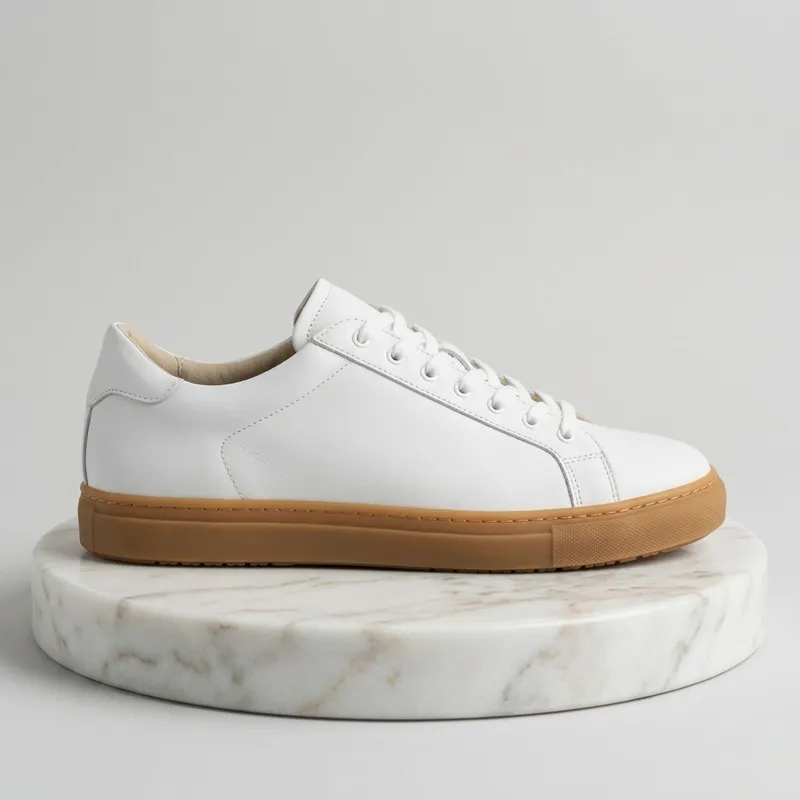 AI edited result: Place it on a marble pedestal applied to sneaker photo