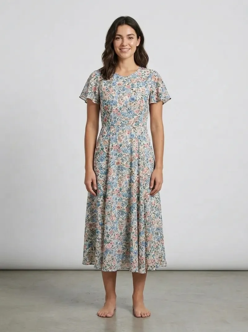 Photo after AI edit: Put her in a floral dress