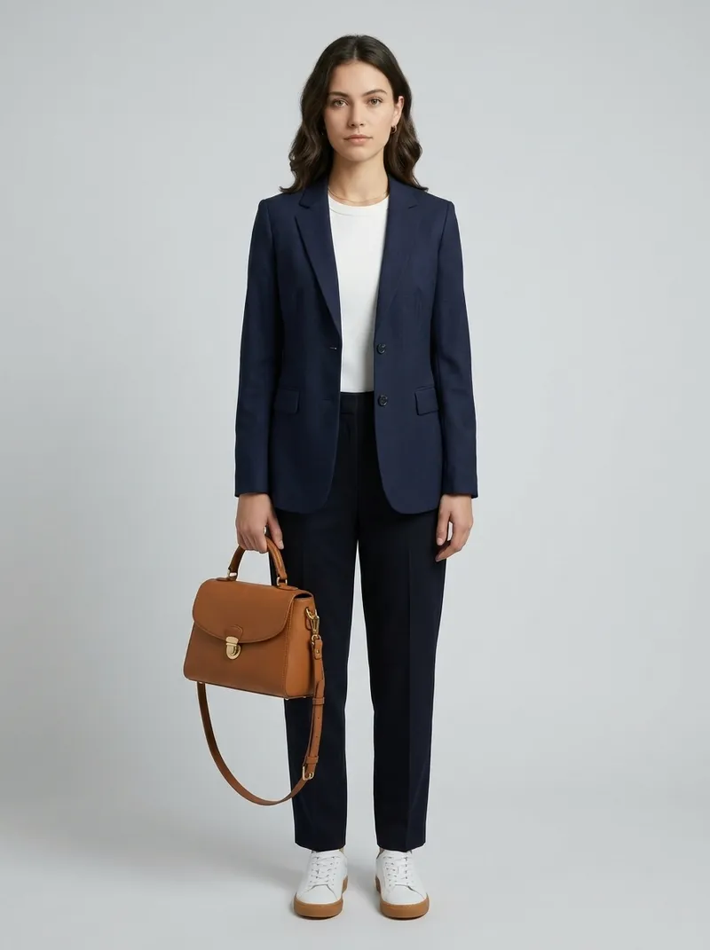 AI result combining the uploaded photos: model wearing the sneakers and carrying the handbag