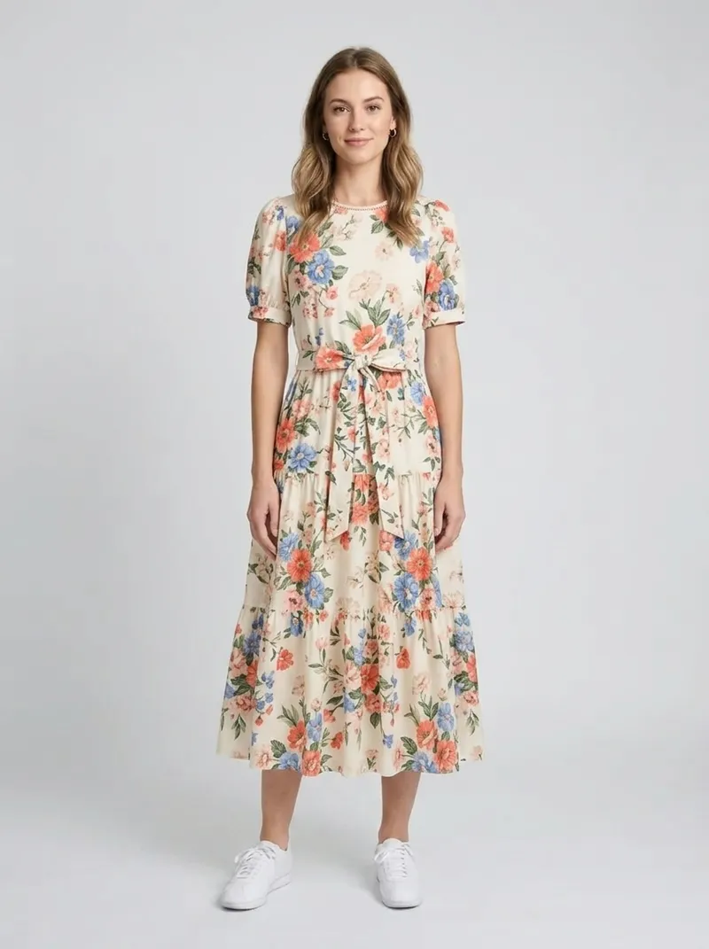A model wearing the same floral midi dress in a studio